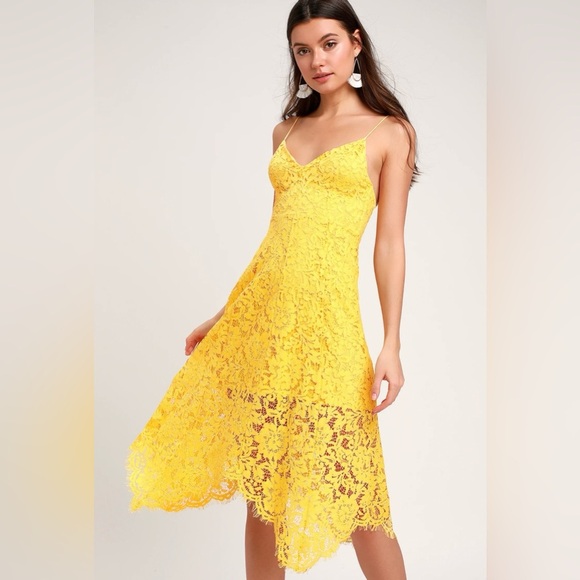 Lulu’s One Wish Yellow Floral Lace Midi Dress Size S - Picture 1 of 13